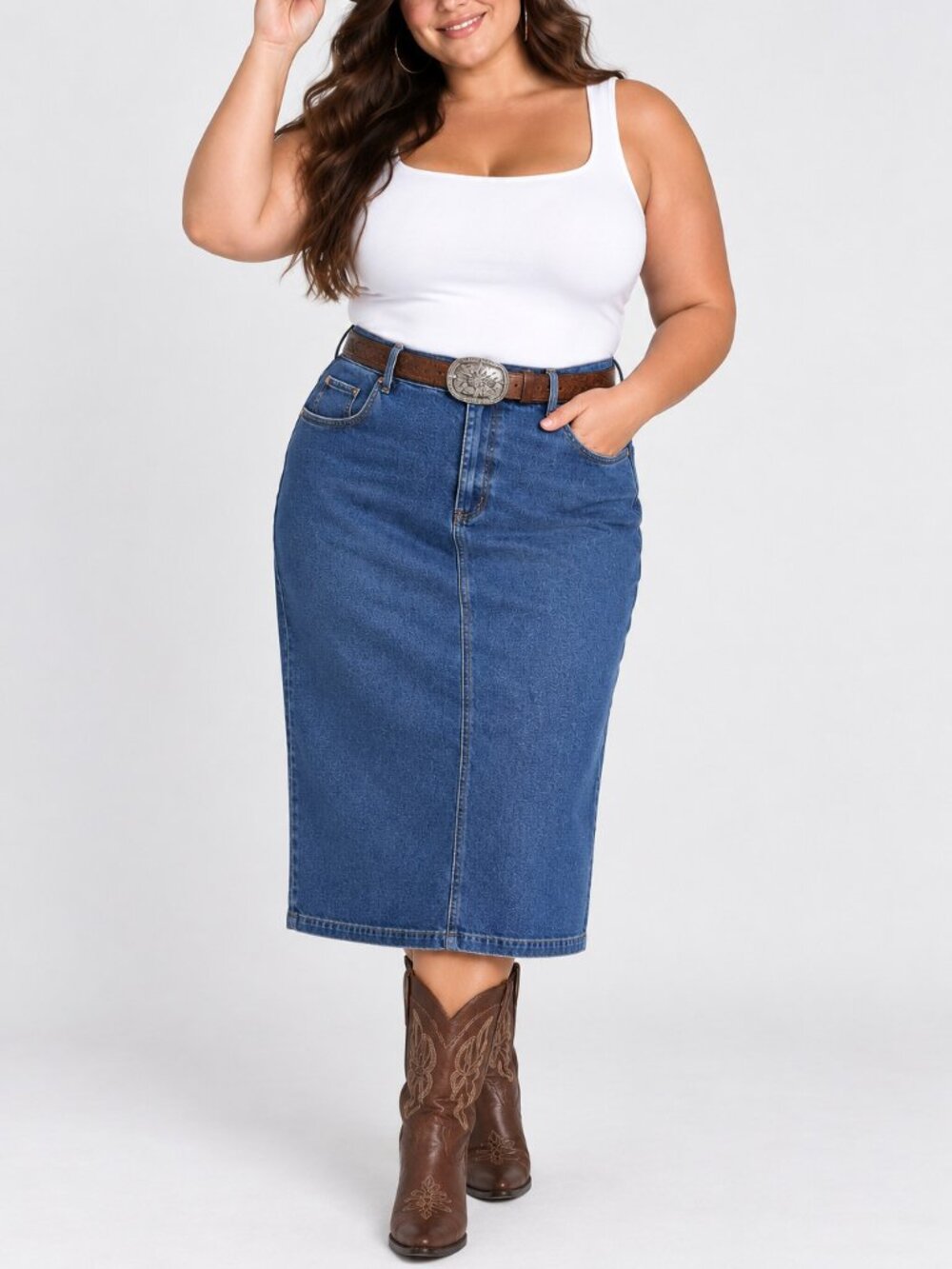 VTG Venezia Denim Midi Skirt Plus Size 24 Blue  Western Slit Pockets 80s